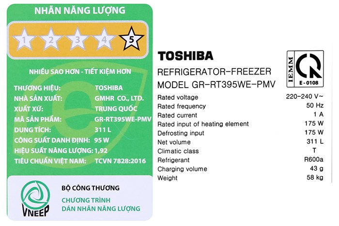 Tủ Lạnh Toshiba Inverter 311 Lít GR-RT395WE-PMV(06)-MG